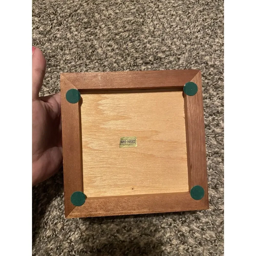 Vintage Girls Wood Jewelry Box Ceramic Tile Mirror Calico Prairie Girl Big Eye